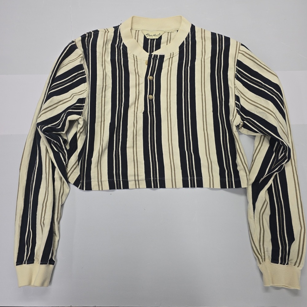Eddie Bauer Vintage Striped Henley Long Sleeve Cropped Top Cream Navy Tan M